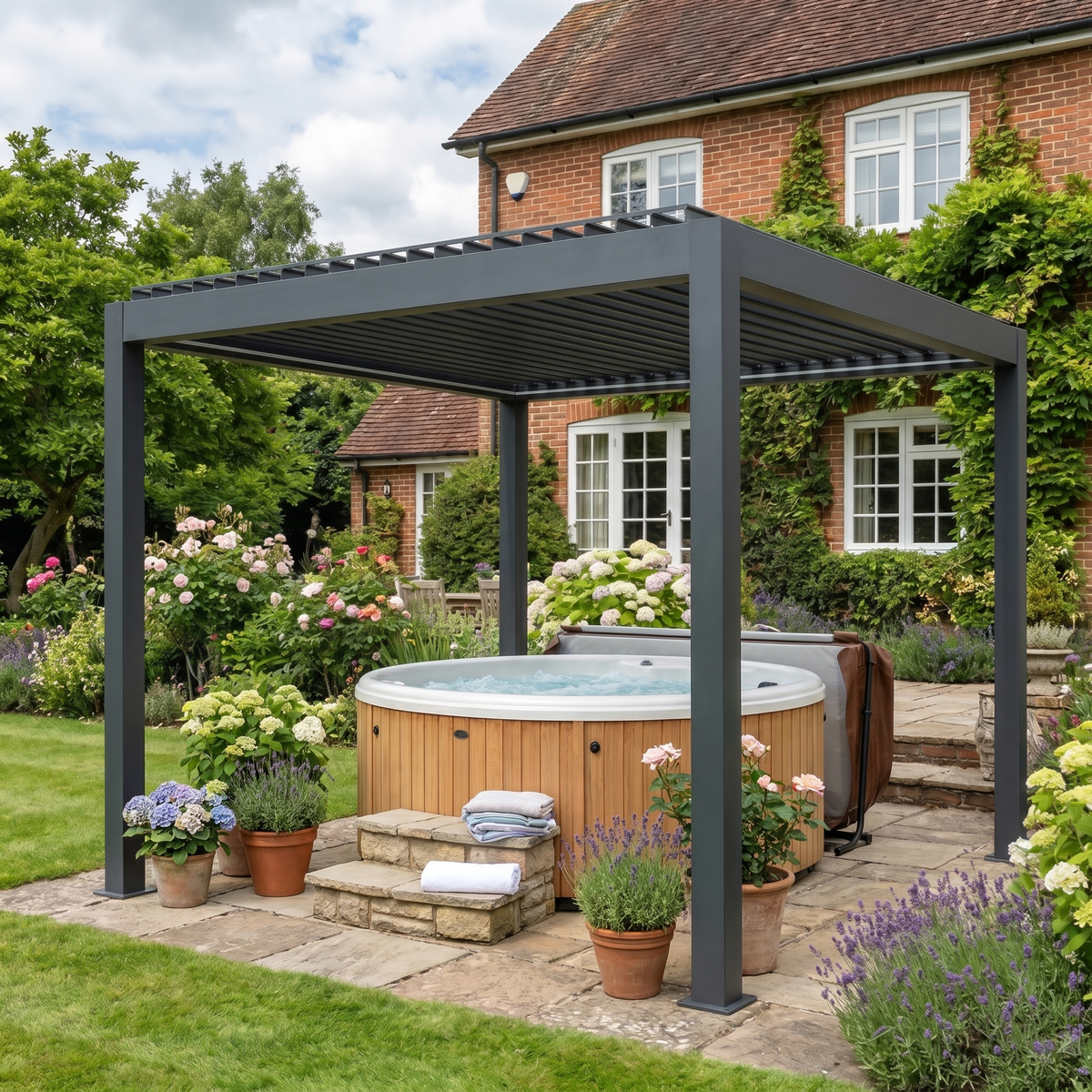 3m x 3m Dark Grey Motorised Aluminium Pergola with Remote – Controlled Louvered Roof, LED Lighting & Integrated Rainwater Drainage System
