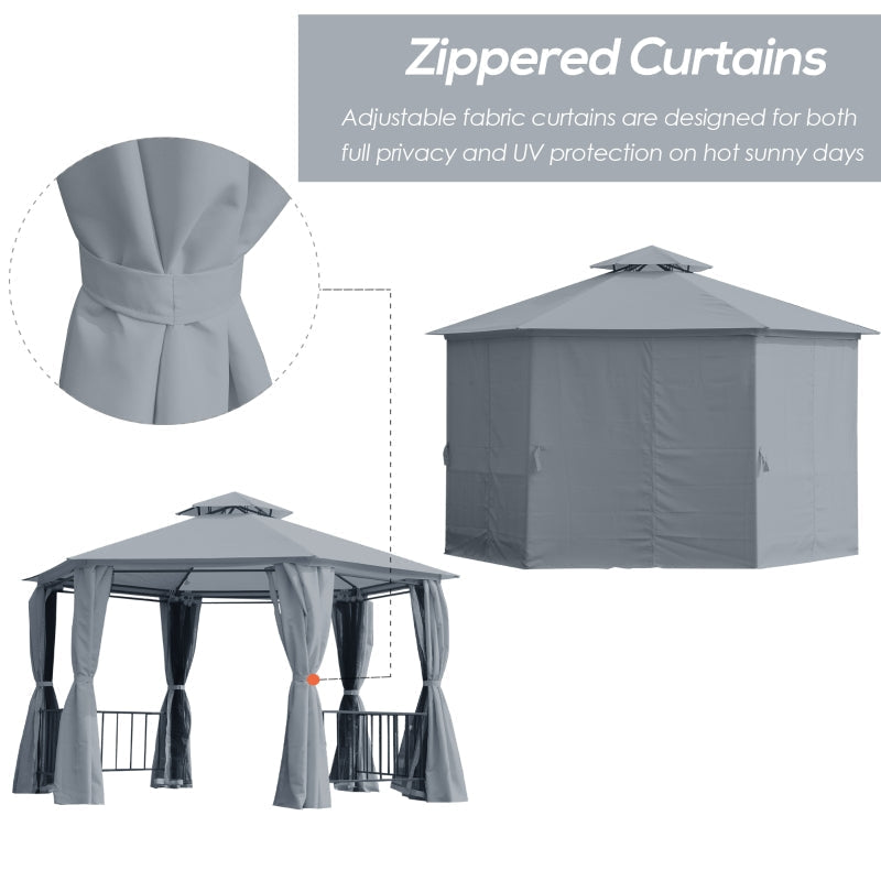 3m x 3m Hexagonal Garden Gazebo with Privacy Curtains & Mesh Insect Screens – Grey Steel Frame Pavilion