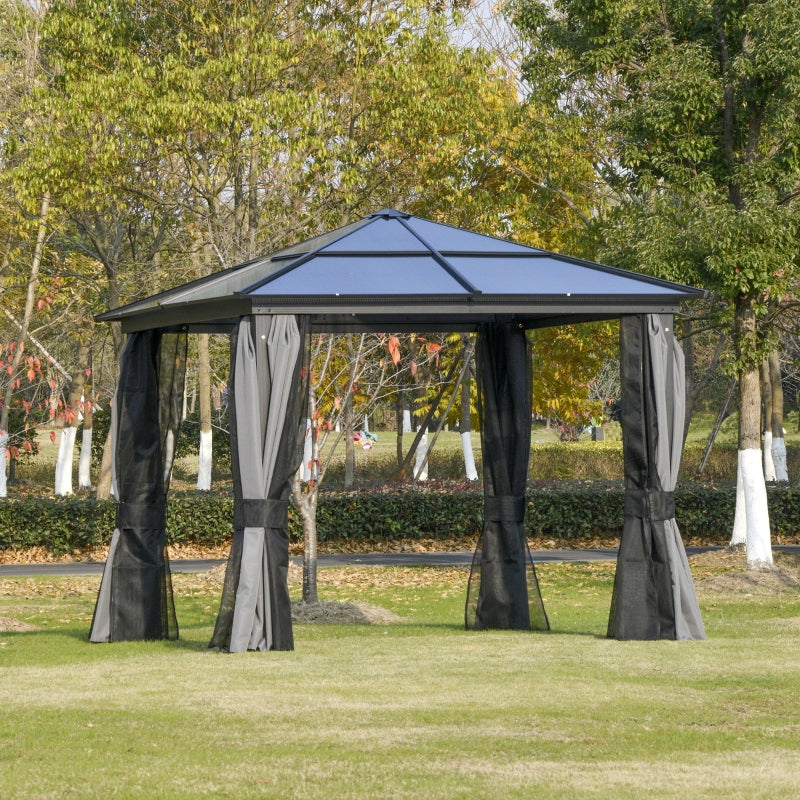 3m x 3m Premium Aluminium Hardtop Gazebo with Polycarbonate Roof, Privacy Curtains & Insect Netting – Dark Grey Garden Pavilion