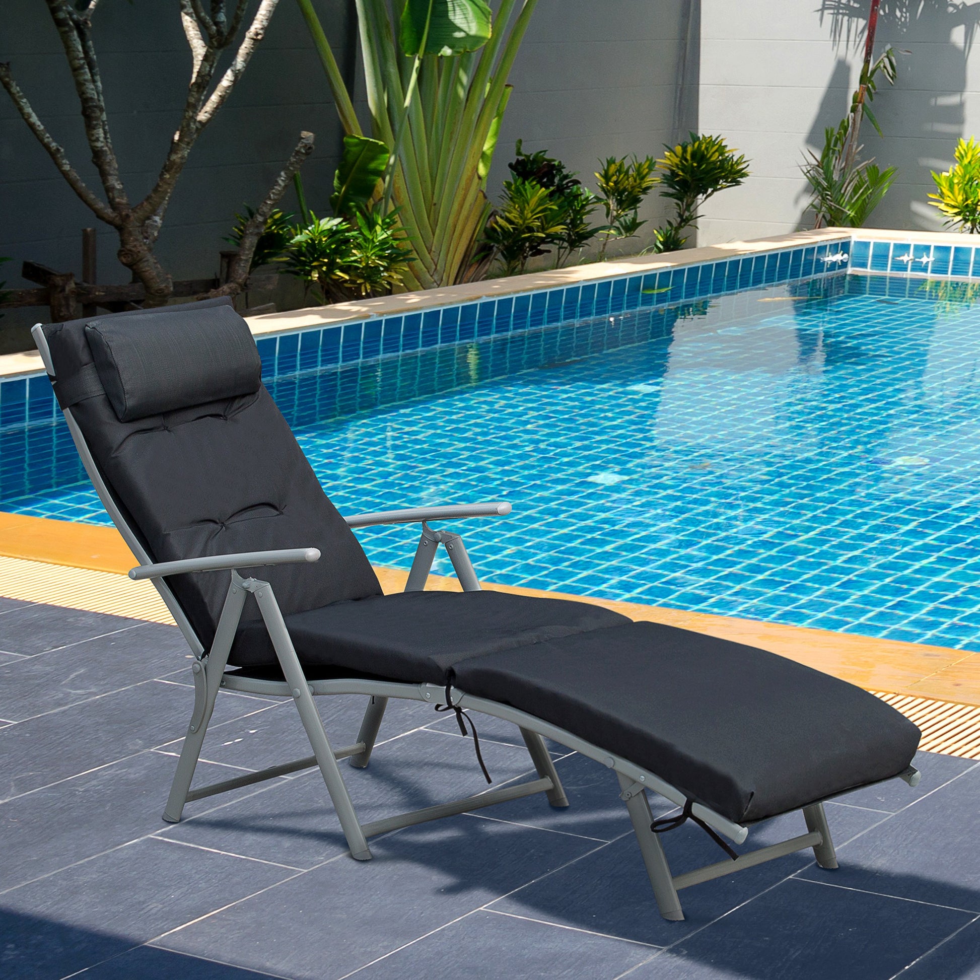 Capri Steel Frame Garden Padded Sun Lounger w/ Pillow Black