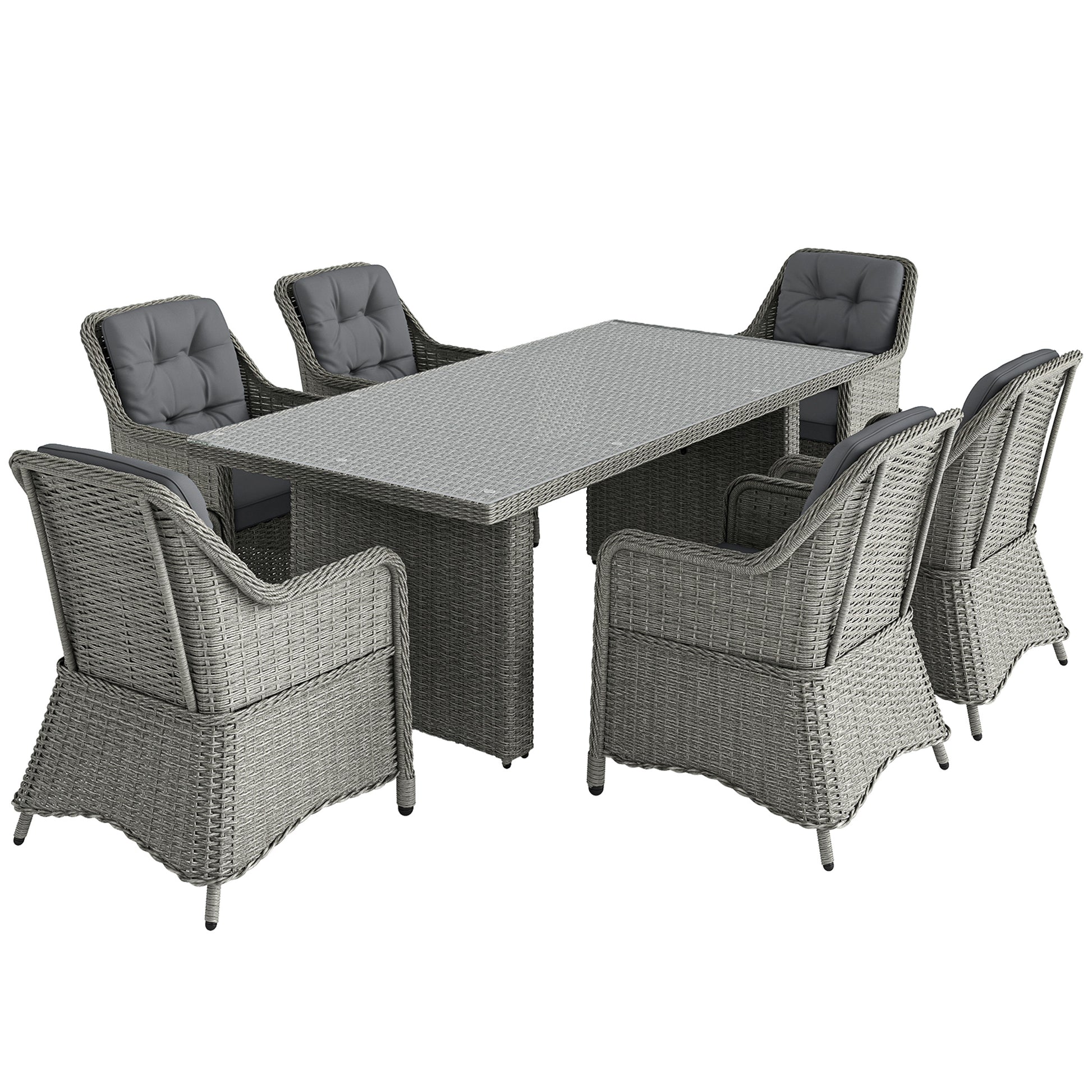Outsunny 6 Seater Rattan Garden Dining Set with Cushions, Aluminium Outdoor Patio Furniture Set for Garden Gatherings & Outdoor Dining, Mixed Grey