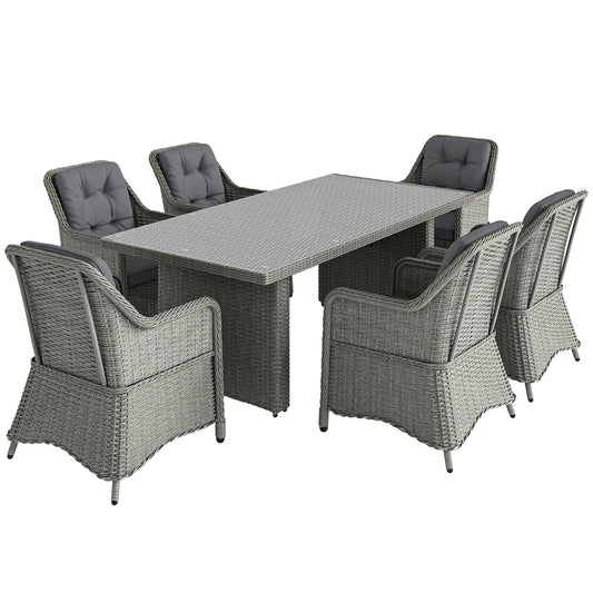 Outsunny 6 Seater Rattan Garden Dining Set with Cushions, Aluminium Outdoor Patio Furniture Set for Garden Gatherings & Outdoor Dining, Mixed Grey