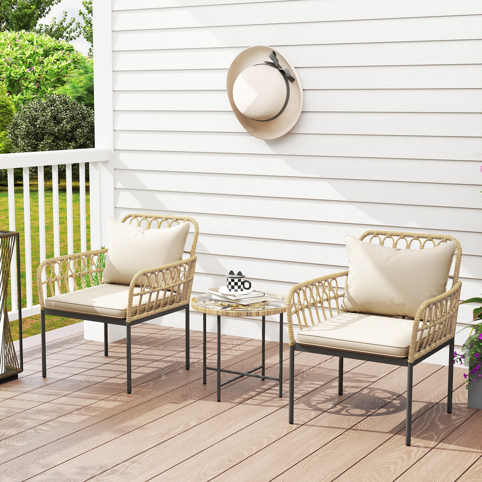 Amalfi 3 Piece Rattan Bistro Set, Wicker Garden Furniture Set with Cushions, Glass Top Coffee Table and Chairs
