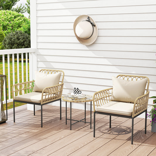 Amalfi 3 Piece Rattan Bistro Set, Wicker Garden Furniture Set with Cushions, Glass Top Coffee Table and Chairs