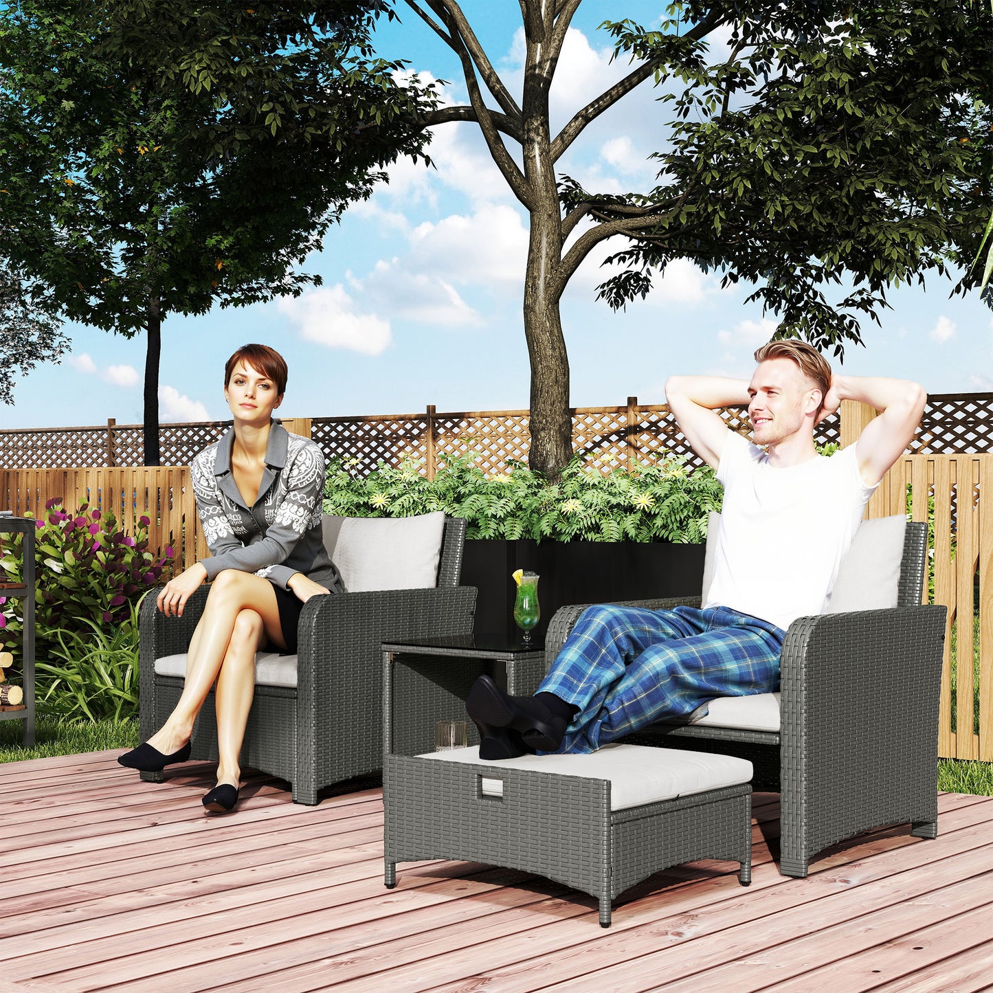 Sorrento Five Piece Rattan Garden Furniture Set with 2-Tier Coffee Table and Ottomans - Cream White