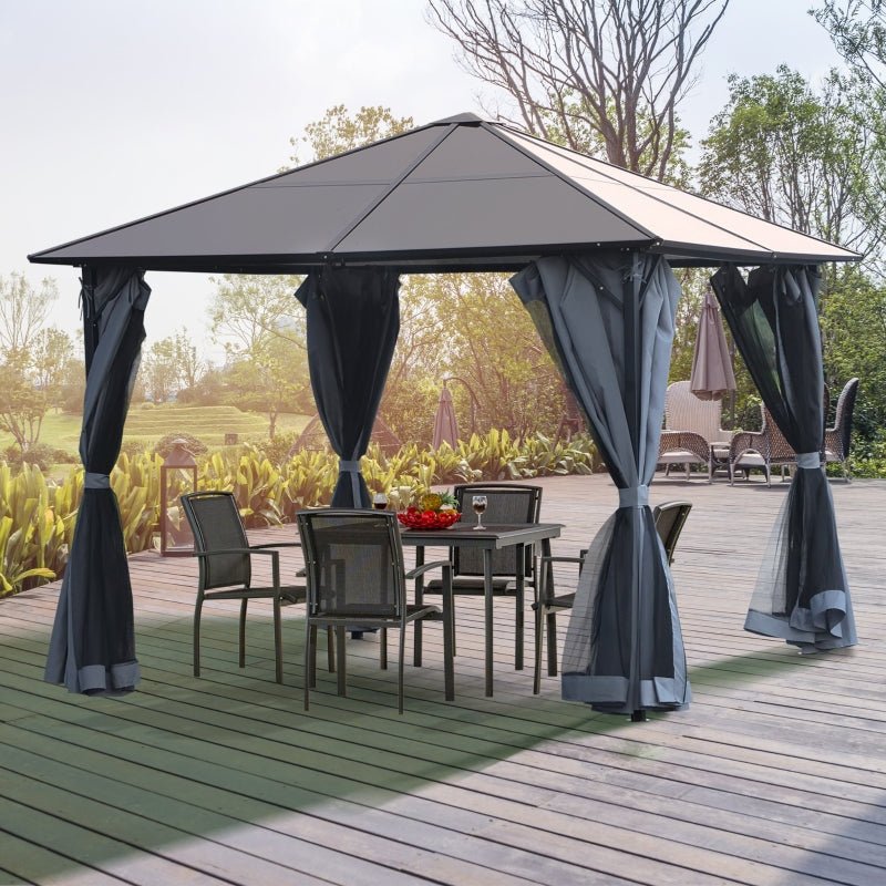 3m x 3m Hardtop Gazebo with Polycarbonate Roof – Aluminium Frame Garden Shelter with Curtains & Mesh Netting