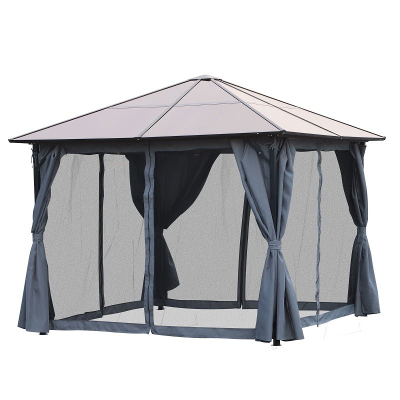 3m x 3m Hardtop Gazebo with Polycarbonate Roof – Aluminium Frame Garden Shelter with Curtains & Mesh Netting
