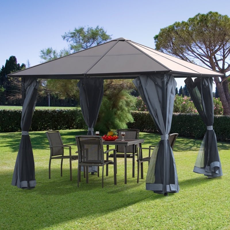 3m x 3m Hardtop Gazebo with Polycarbonate Roof – Aluminium Frame Garden Shelter with Curtains & Mesh Netting