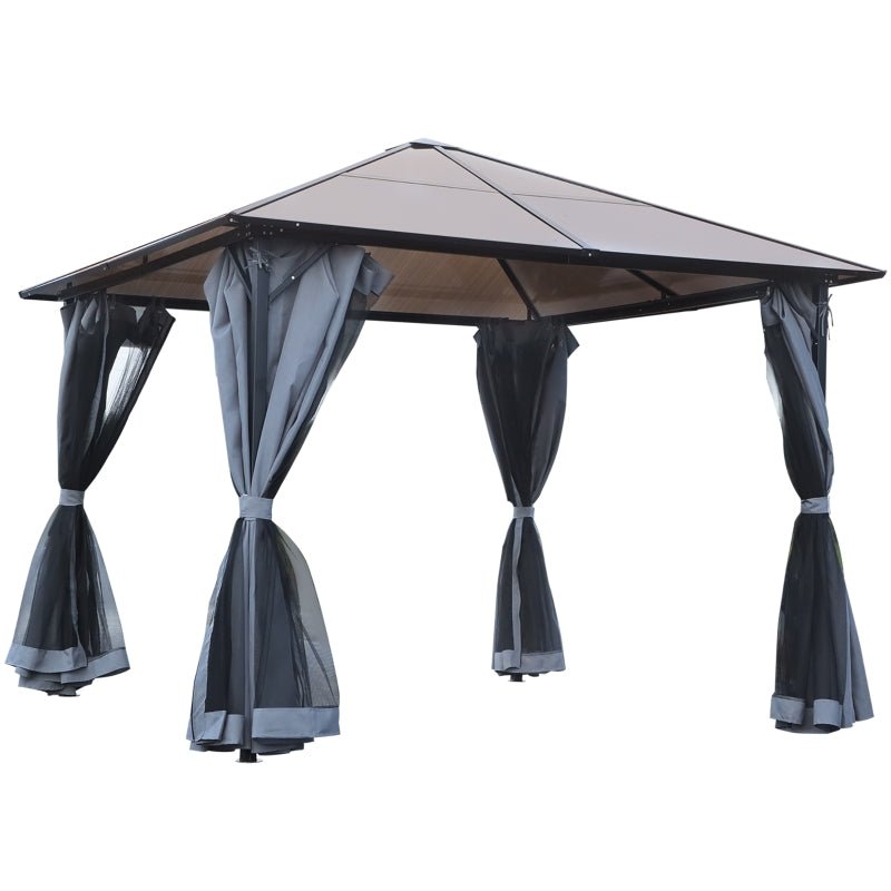 3m x 3m Hardtop Gazebo with Polycarbonate Roof – Aluminium Frame Garden Shelter with Curtains & Mesh Netting