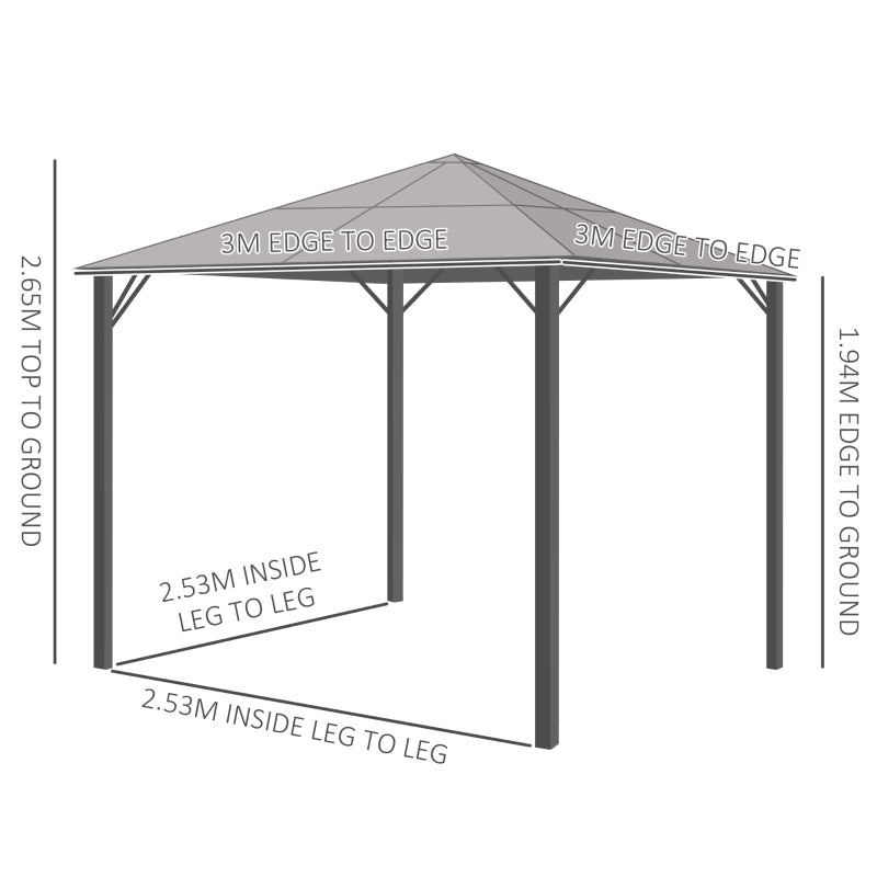 3m x 3m Hardtop Gazebo with Polycarbonate Roof – Aluminium Frame Garden Shelter with Curtains & Mesh Netting