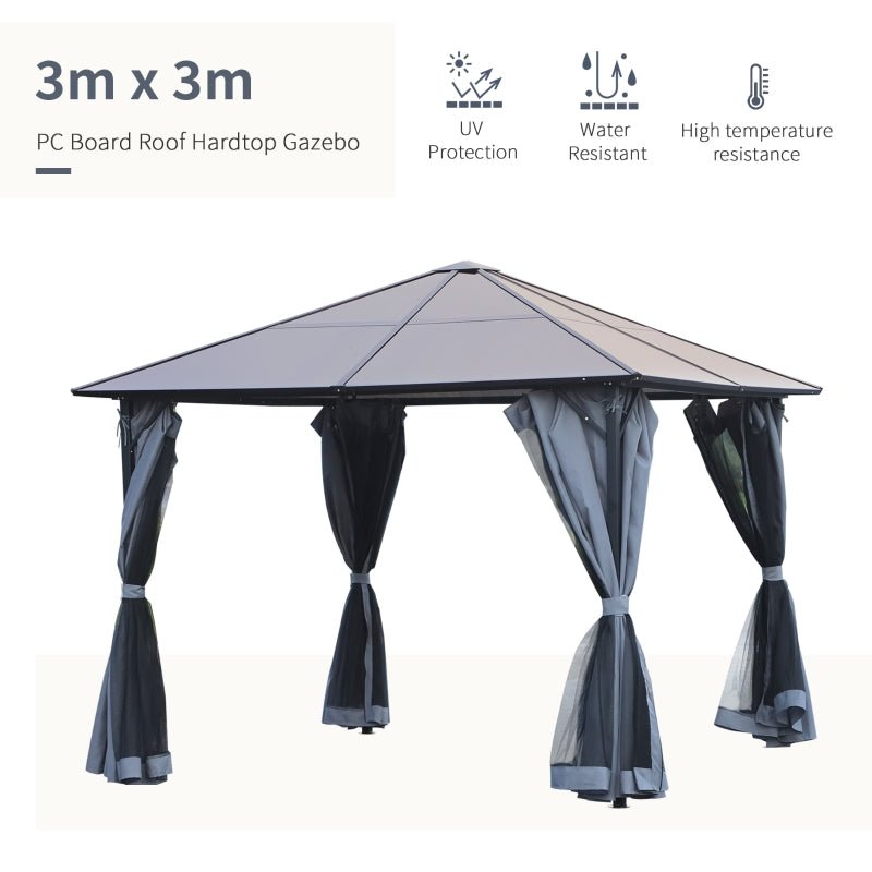 3m x 3m Hardtop Gazebo with Polycarbonate Roof – Aluminium Frame Garden Shelter with Curtains & Mesh Netting