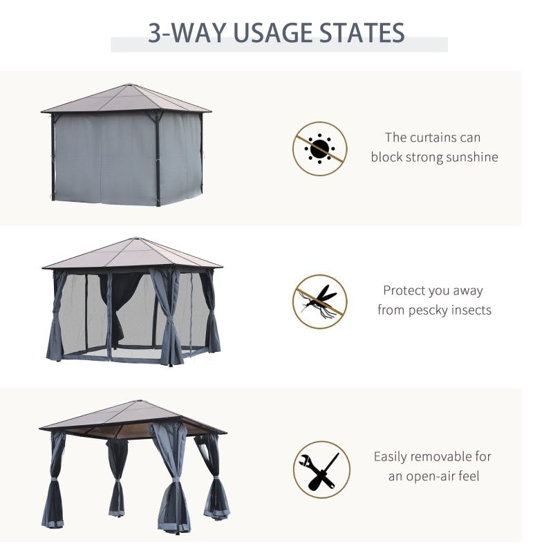 3m x 3m Hardtop Gazebo with Polycarbonate Roof – Aluminium Frame Garden Shelter with Curtains & Mesh Netting