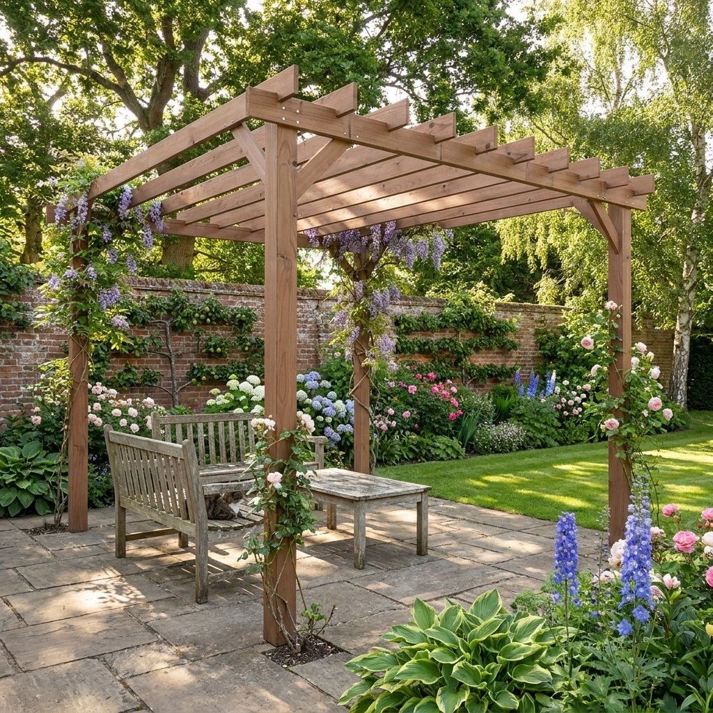 3m x 3m Wooden Pergola Kit - Maple Wood-Effect Garden Pergola Gazebo with Grape Trellis Roof and Triangle Supports