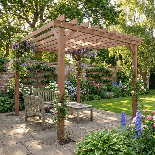3m x 3m Wooden Pergola Kit - Maple Wood-Effect Garden Pergola Gazebo with Grape Trellis Roof and Triangle Supports