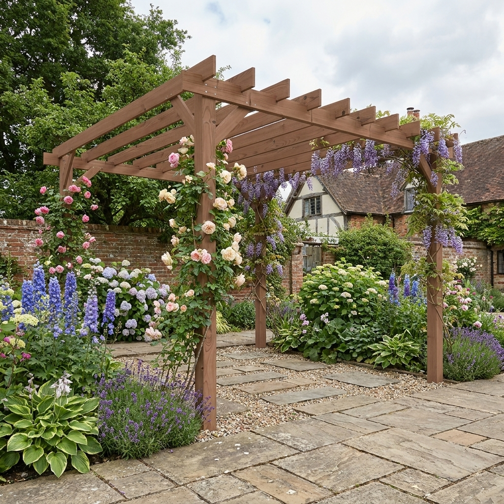 3m x 3m Wooden Pergola Kit – Maple Wood – Effect Garden Pergola with Grape Trellis Roof and Triangle Supports