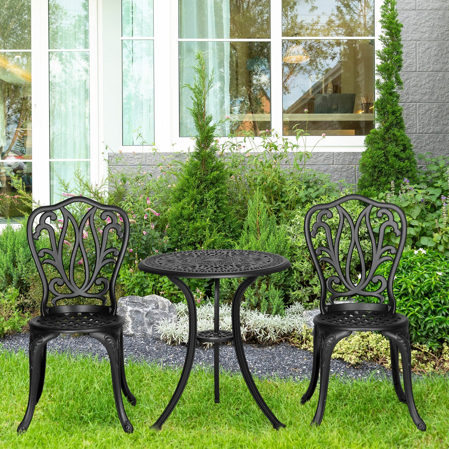 Verona 3 Piece Garden Bistro Set, Cast Aluminium Outdoor Furniture Set with Umbrella Hole, Patio, Black