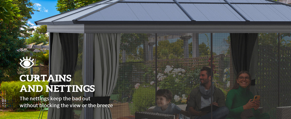 3.6m x 4.2m Aluminium Hardtop Gazebo with Polycarbonate Roof – Permanent Garden Pavilion with Curtains & Netting