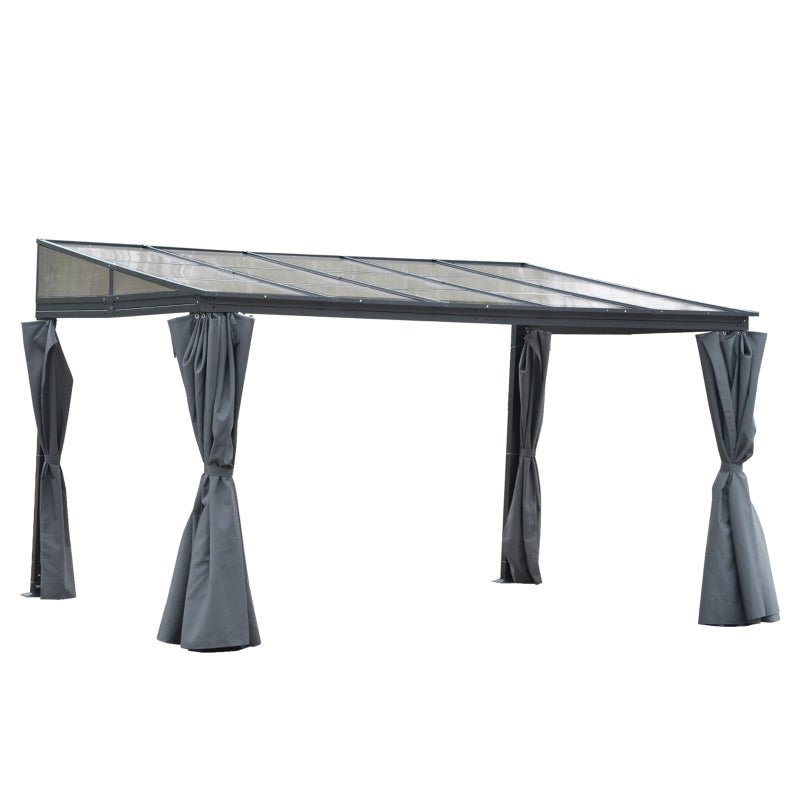 4m x 3m Wall Mounted Aluminium Pergola with Polycarbonate Roof – Outdoor Hardtop Patio Shelter with Curtains