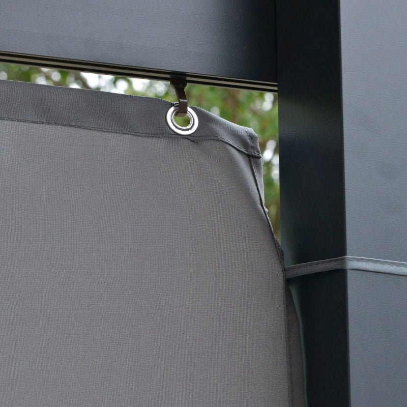 4m x 3m Wall Mounted Aluminium Pergola with Polycarbonate Roof – Outdoor Hardtop Patio Shelter with Curtains