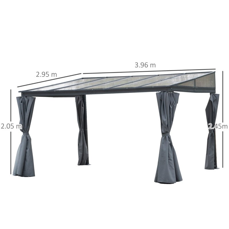 4m x 3m Wall Mounted Aluminium Pergola with Polycarbonate Roof – Outdoor Hardtop Patio Shelter with Curtains