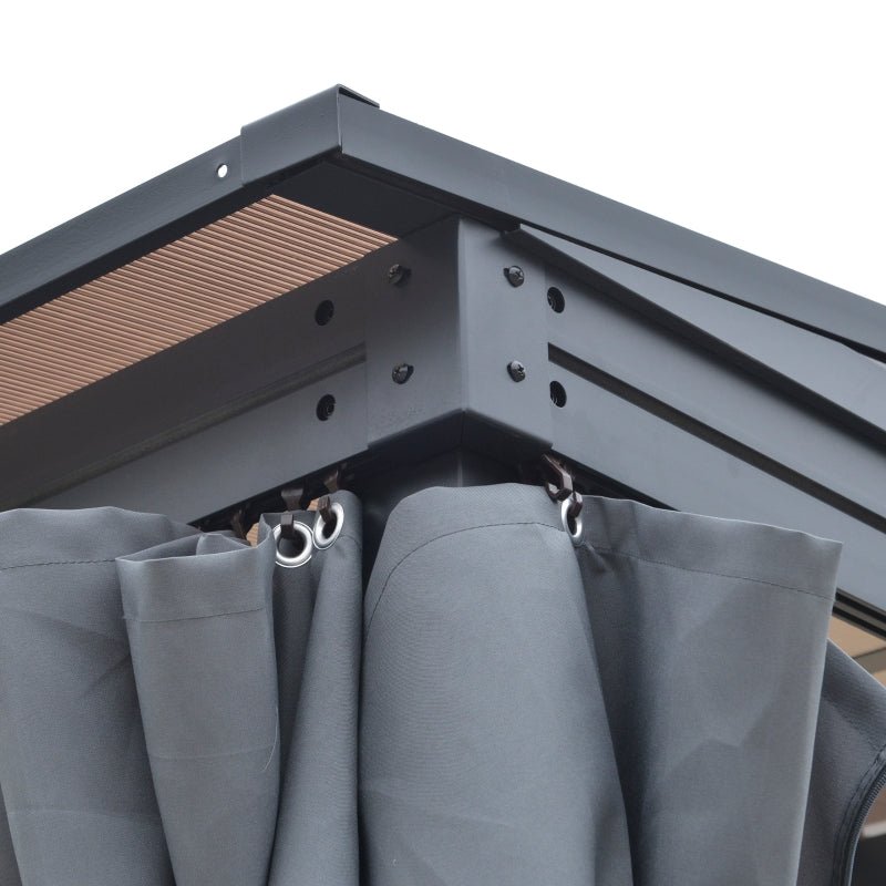 4m x 3m Wall Mounted Aluminium Pergola with Polycarbonate Roof – Outdoor Hardtop Patio Shelter with Curtains