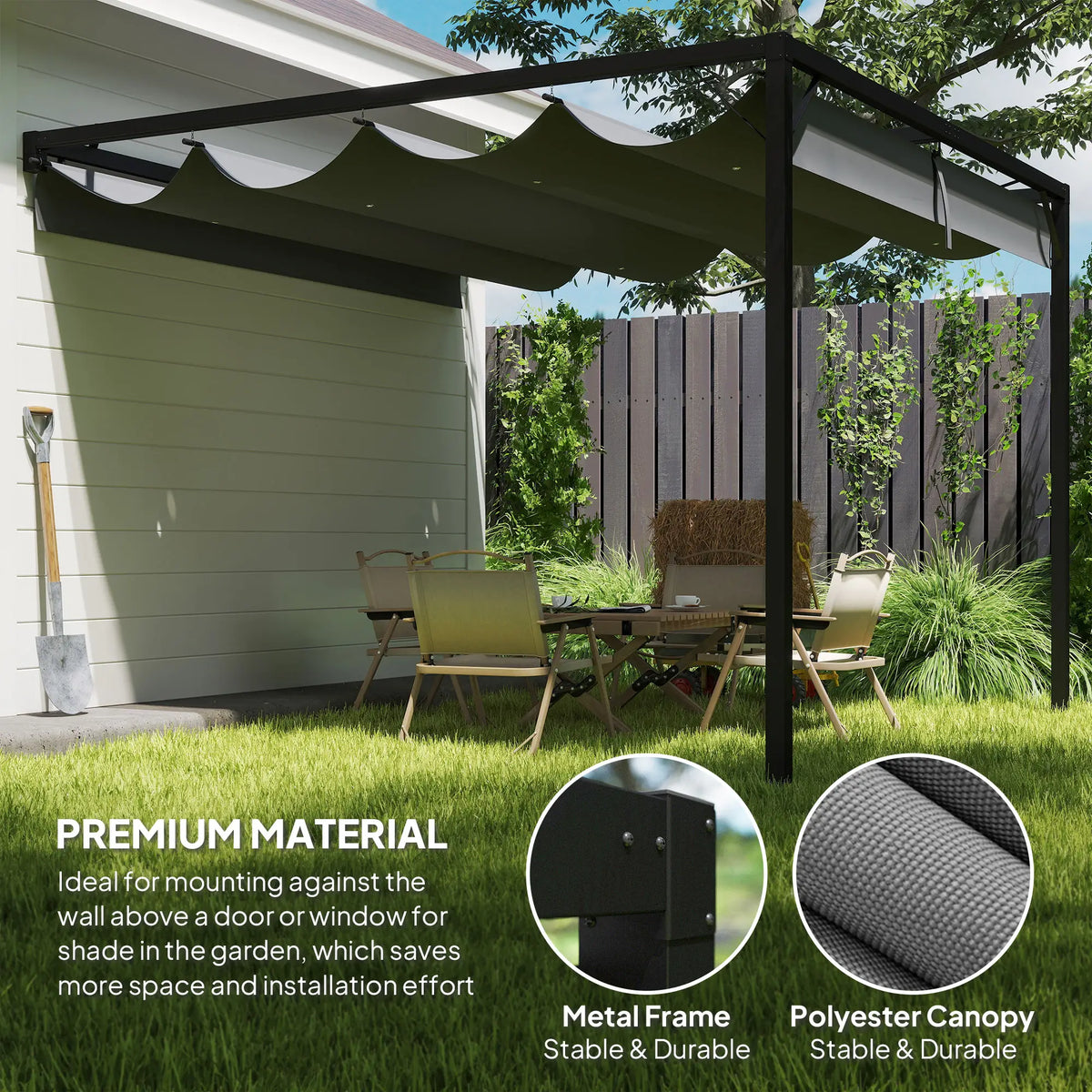 3m x 3m Lean – To Pergola – Grey Retractable Canopy Roof, Wall Mounted Outdoor Patio Shade Shelter