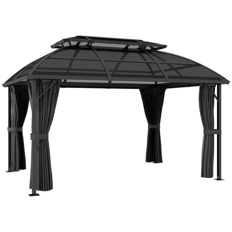 4m x 3m Aluminium Hardtop Gazebo with Polycarbonate Roof, Privacy Curtains & Mesh Sidewalls – Black & Grey