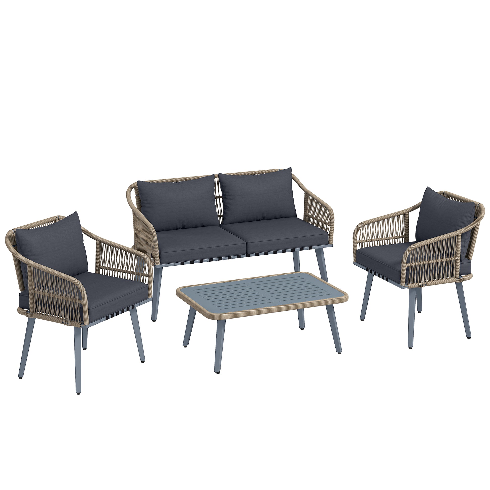 Outsunny 4 Piece Rattan Garden Furniture Set with Loveseat, Wicker Patio Conversation Set, Grey