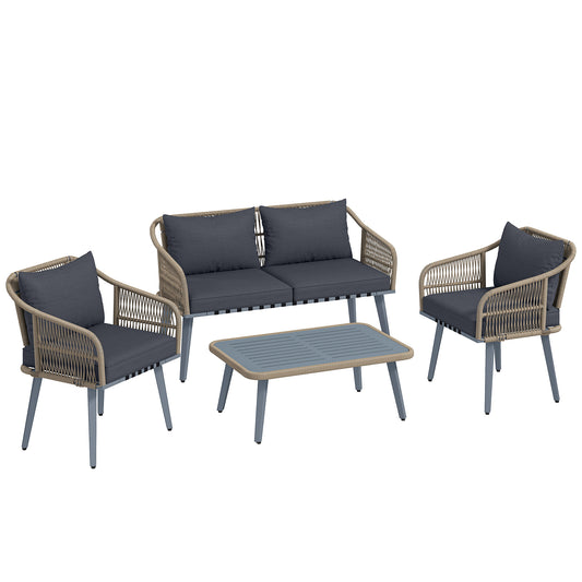 Outsunny 4 Piece Rattan Garden Furniture Set with Loveseat, Wicker Patio Conversation Set, Grey