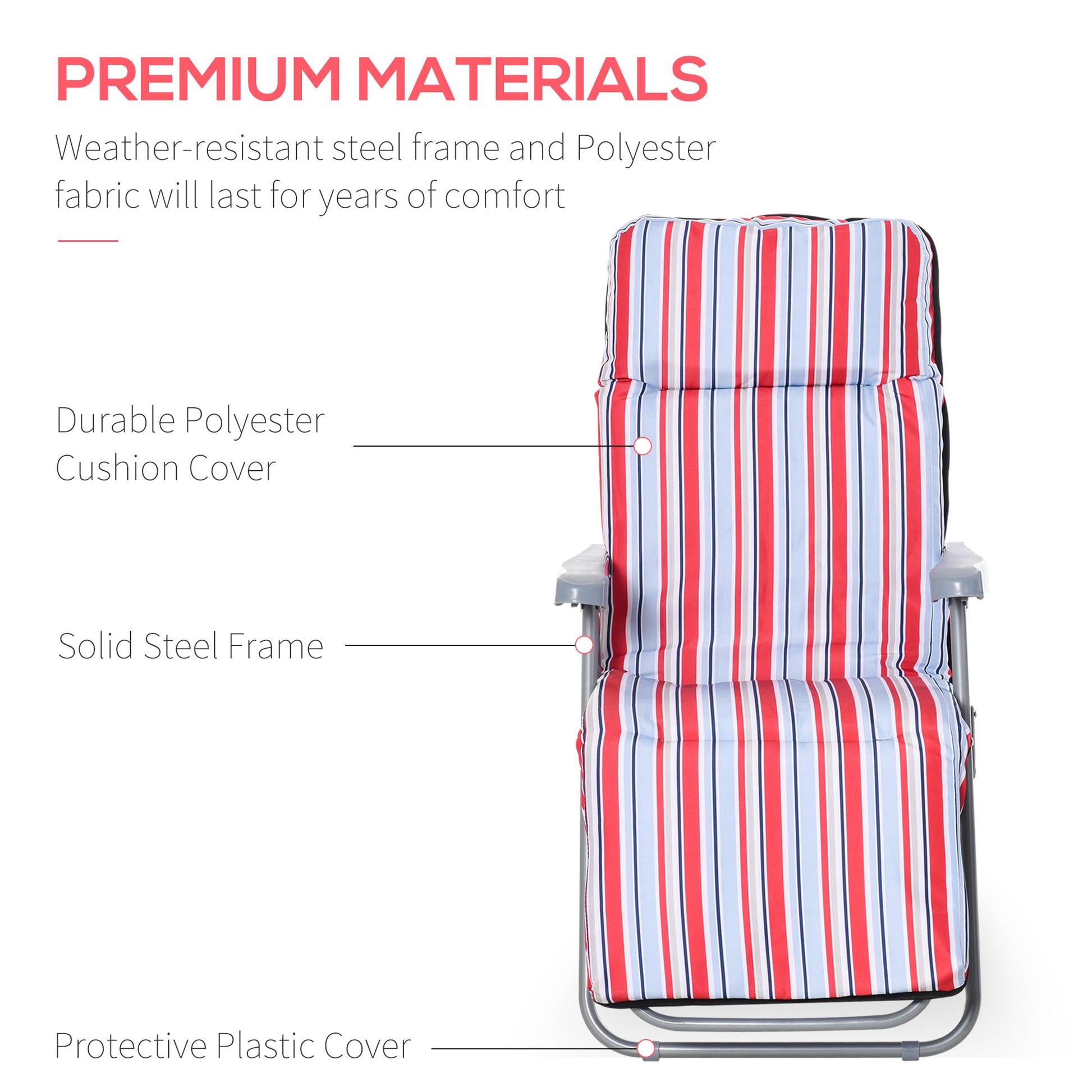 Outsunny Set of 2 Garden Sun Lounger Outdoor Reclining Seat Cushioned Seat Foldable Adjustable Recliner Red and White