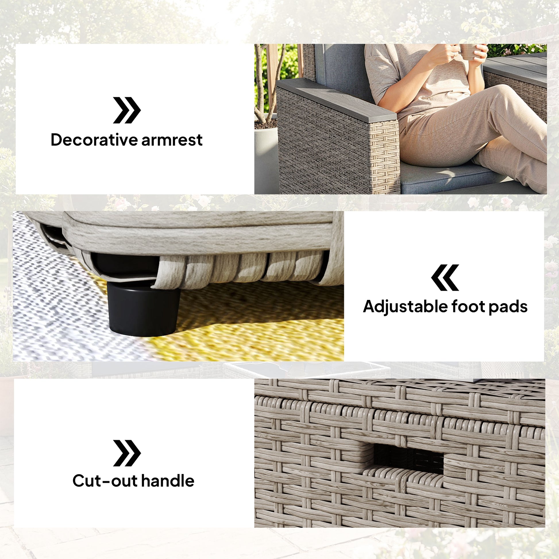 Outsunny 5 Piece Rattan Garden Furniture Set with Storage Table, Footstools, Cushions, Dark Grey