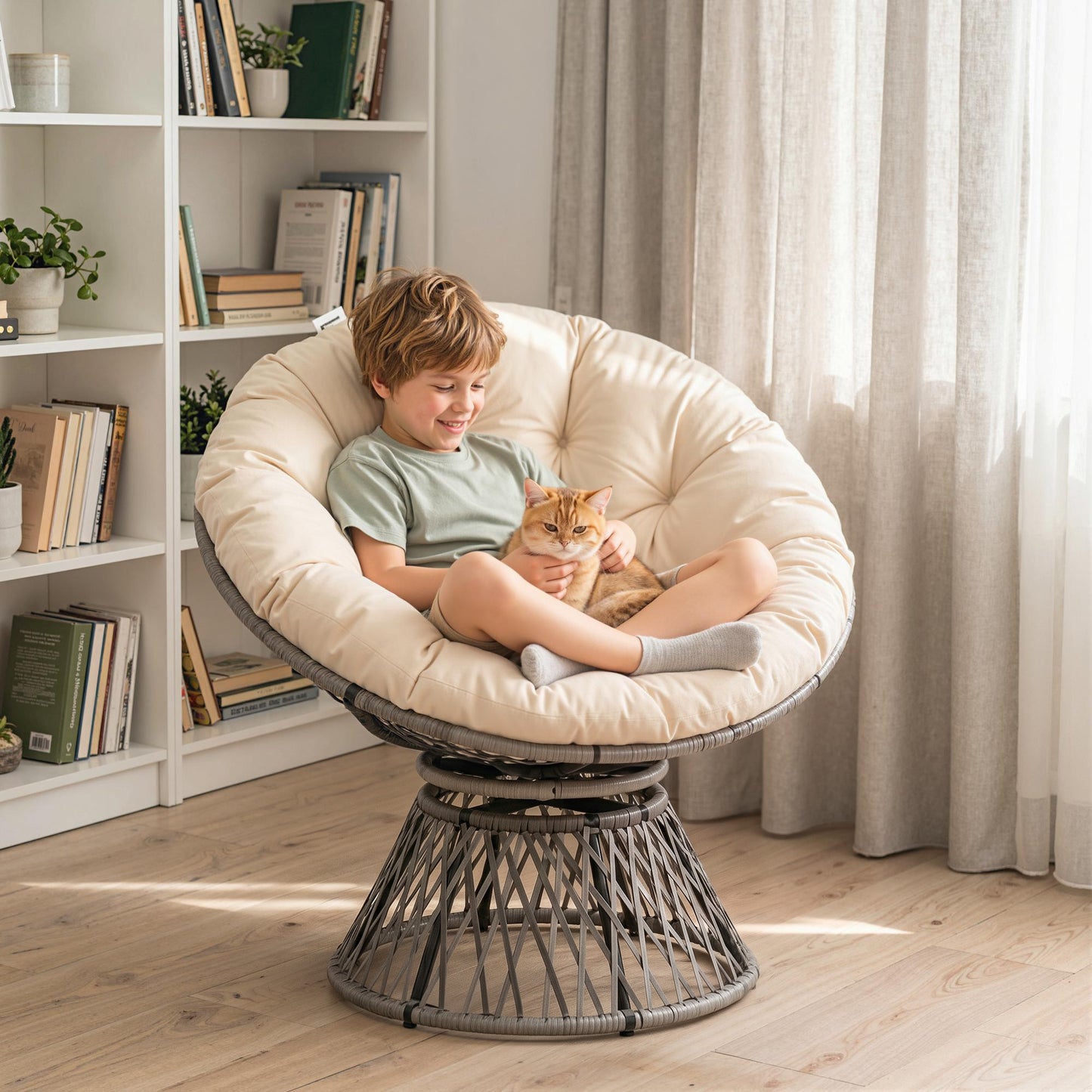 Outsunny 360° Swivel Rattan Moon Bowl Chair Round Lounge Garden Wicker Basket Seat with Padded Cushion Oversized for Outdoor Indoor, Beige