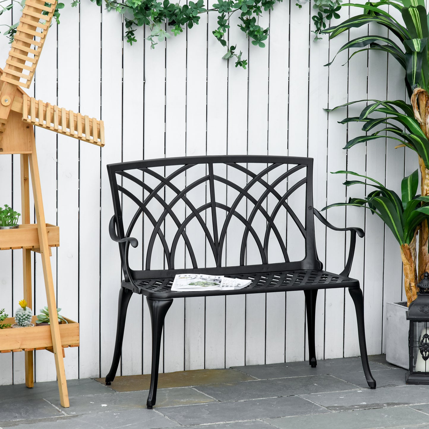 Portofino 2-Seater Cast Aluminium Garden Bench Loveseat Outdoor Furniture Chair w/ Decorative Backrest & Ergonomic