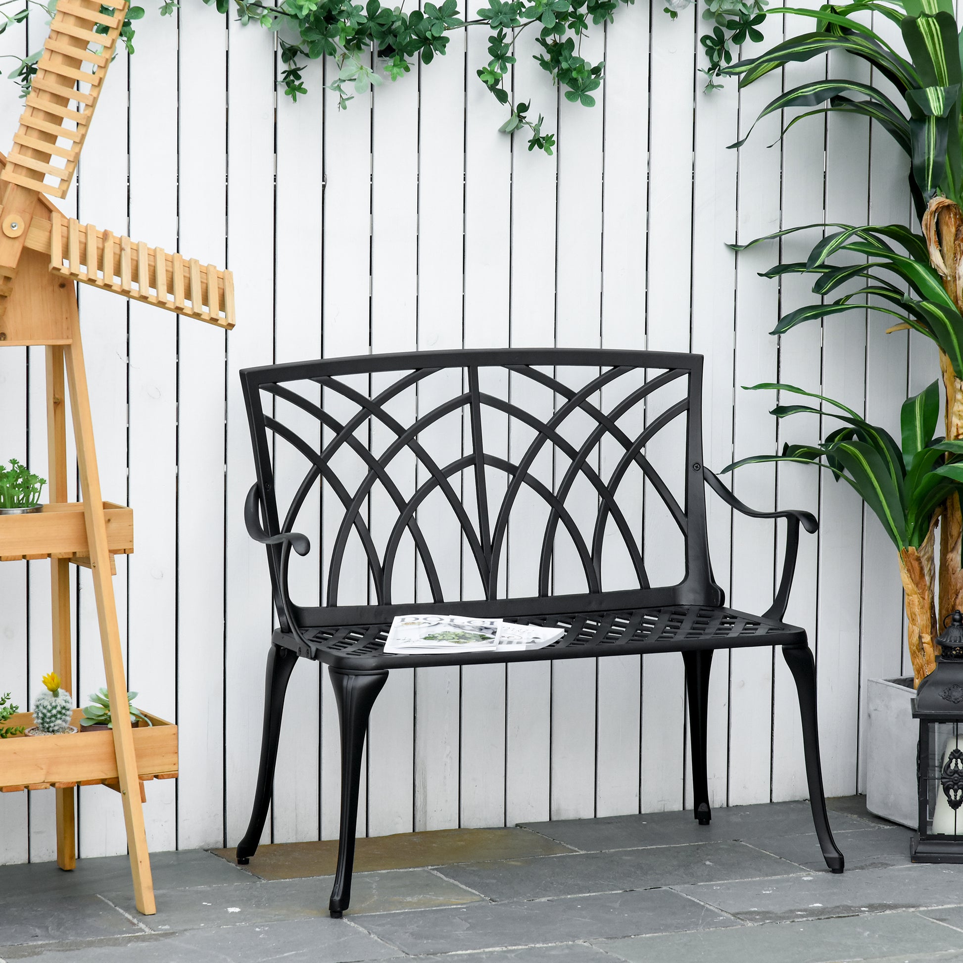 Portofino 2-Seater Cast Aluminium Garden Bench Loveseat Outdoor Furniture Chair w/ Decorative Backrest & Ergonomic