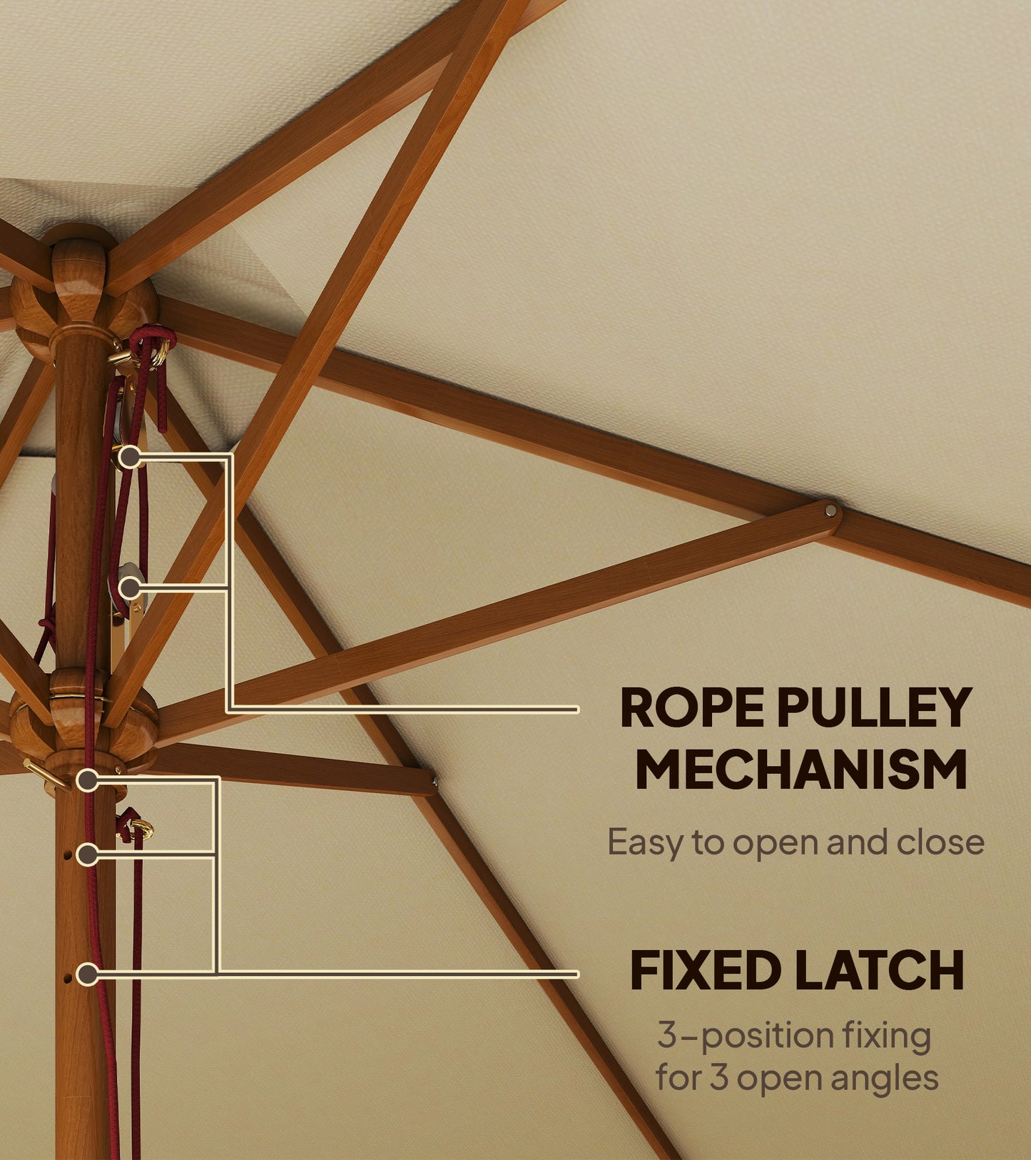 Outsunny 2.5m Wood Garden Parasol Sun Shade Patio Outdoor Wooden Umbrella Canopy, Table Market Umbrella with Vent, 38mm Pole, Rope Pulley Mechanism, Cream White