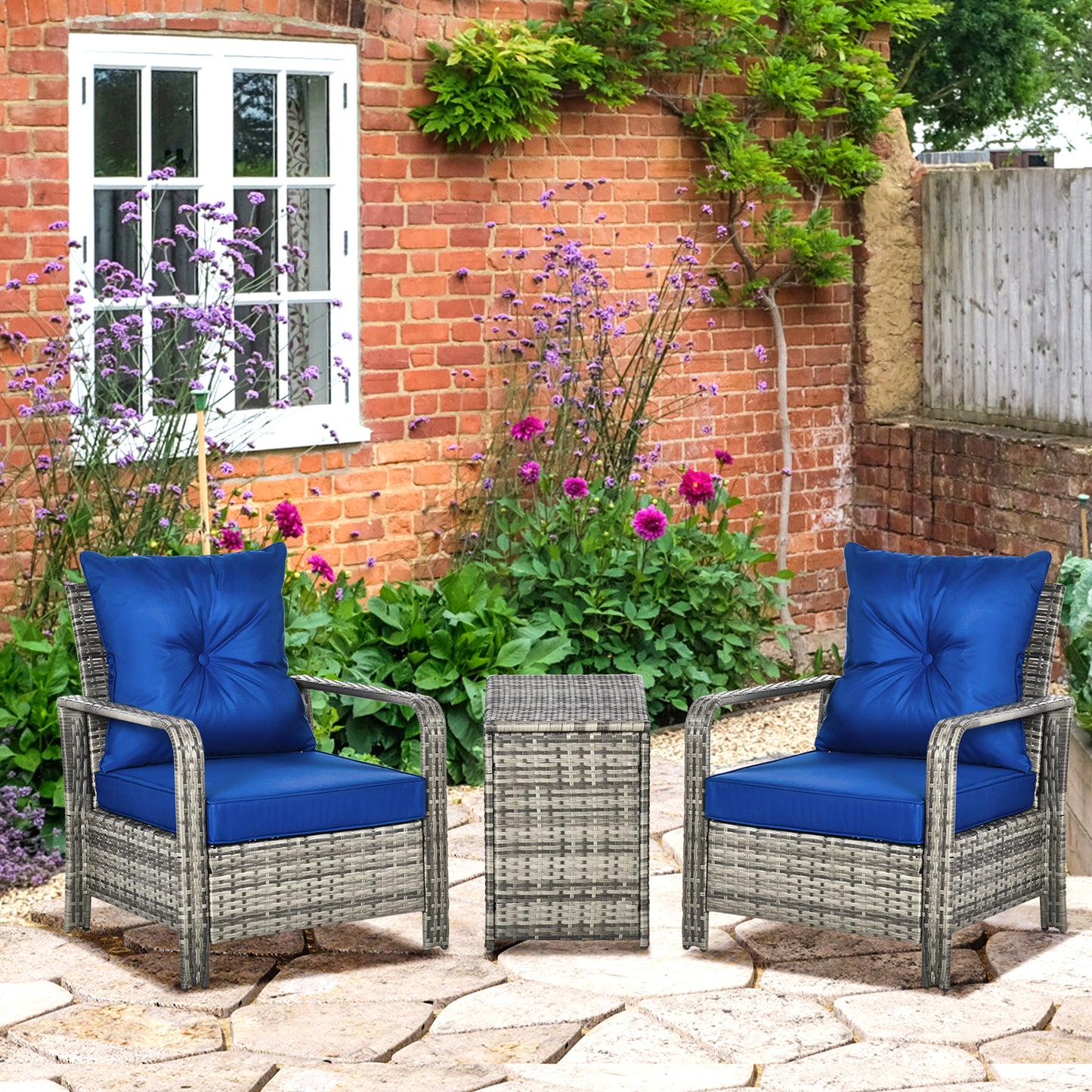 Mediterraneo 3 Piece Rattan Bistro Set, Wicker Garden Furniture Set with Storage Coffee Table and Chairs
