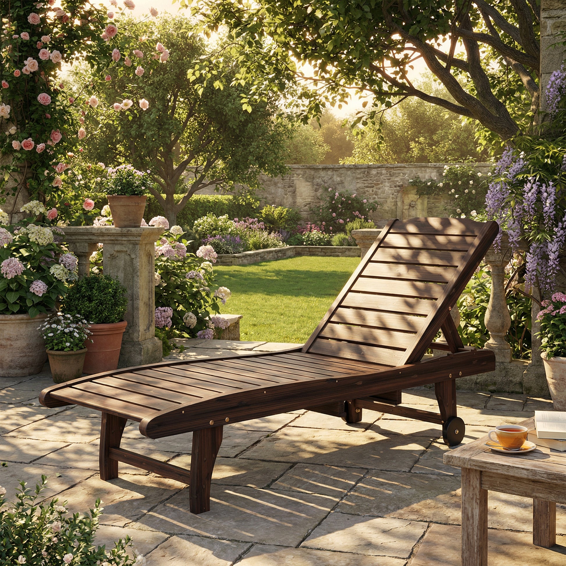 Portofino Outdoor Wooden Sun Lounger with Built-In Table, Carbonised Finish
