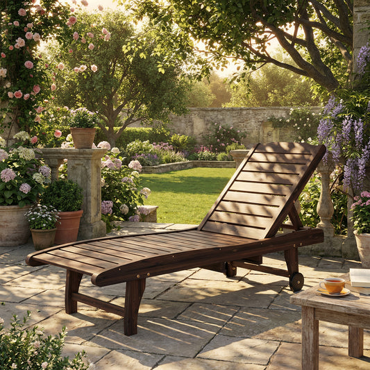 Portofino Outdoor Wooden Sun Lounger with Built-In Table, Carbonised Finish