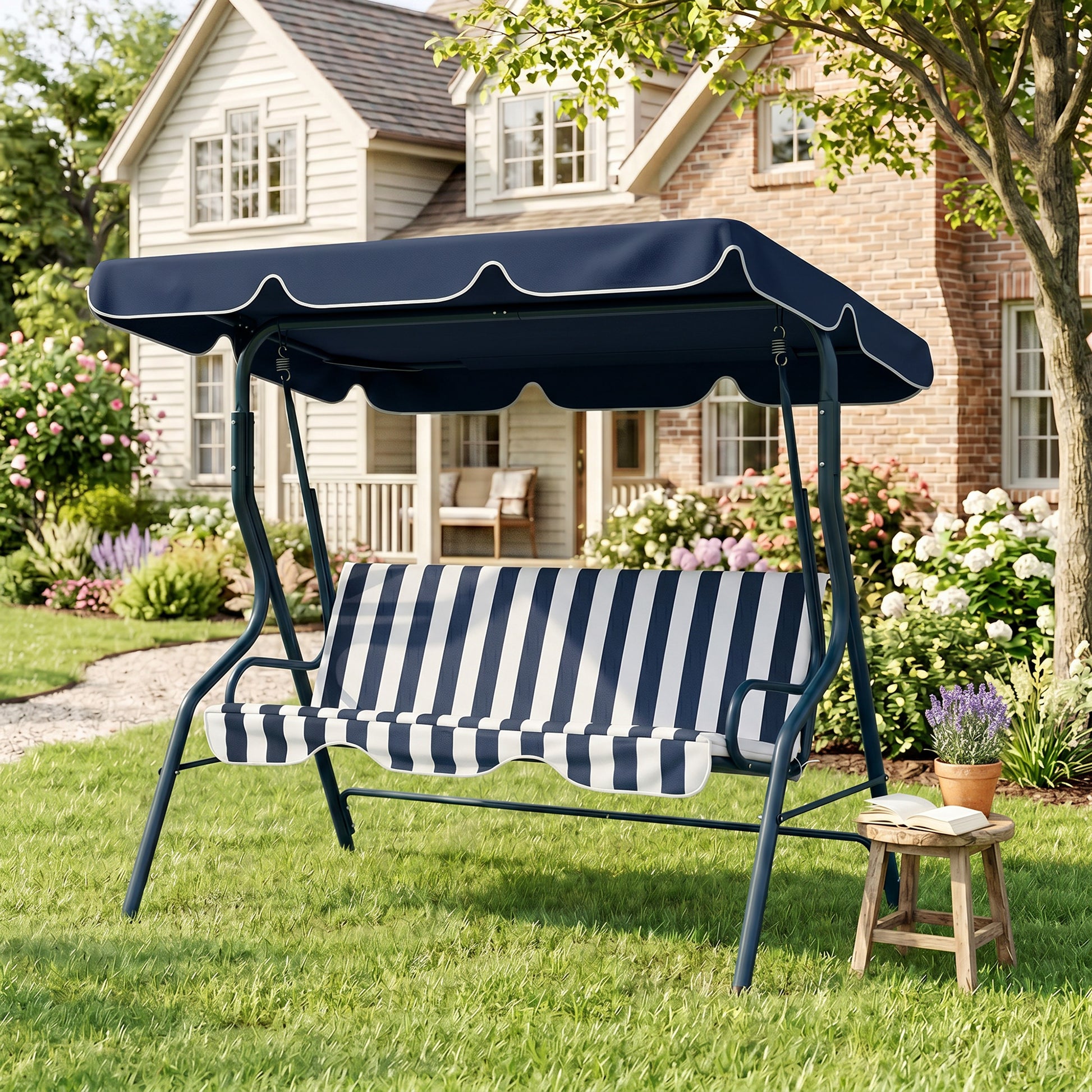Outsunny 3 Seater Garden Swing Seat Chair Outdoor Bench with Adjustable Canopy and Metal Frame, Blue Stripes