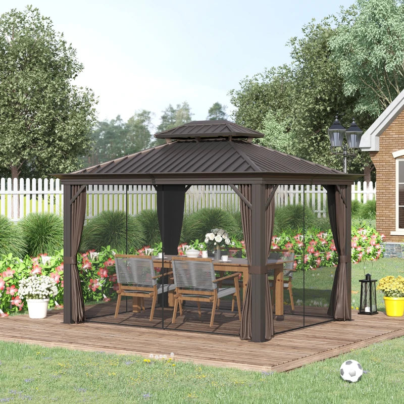 3.65m x 3m Aluminium Hardtop Gazebo - Brown Double Roof Patio Shelter with Privacy Curtains
