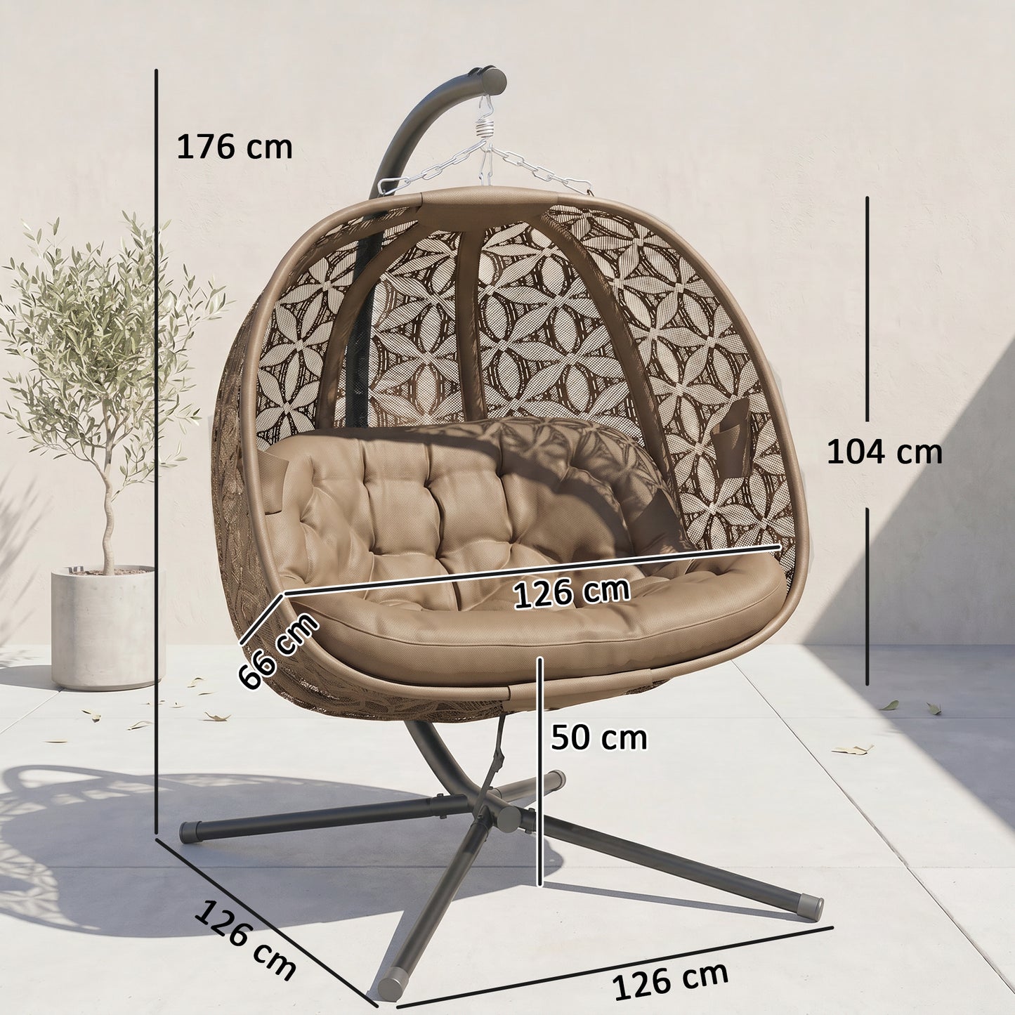 Outsunny Outdoor Double Hanging Chair with Cushion and Cup Holders, Sand Brown