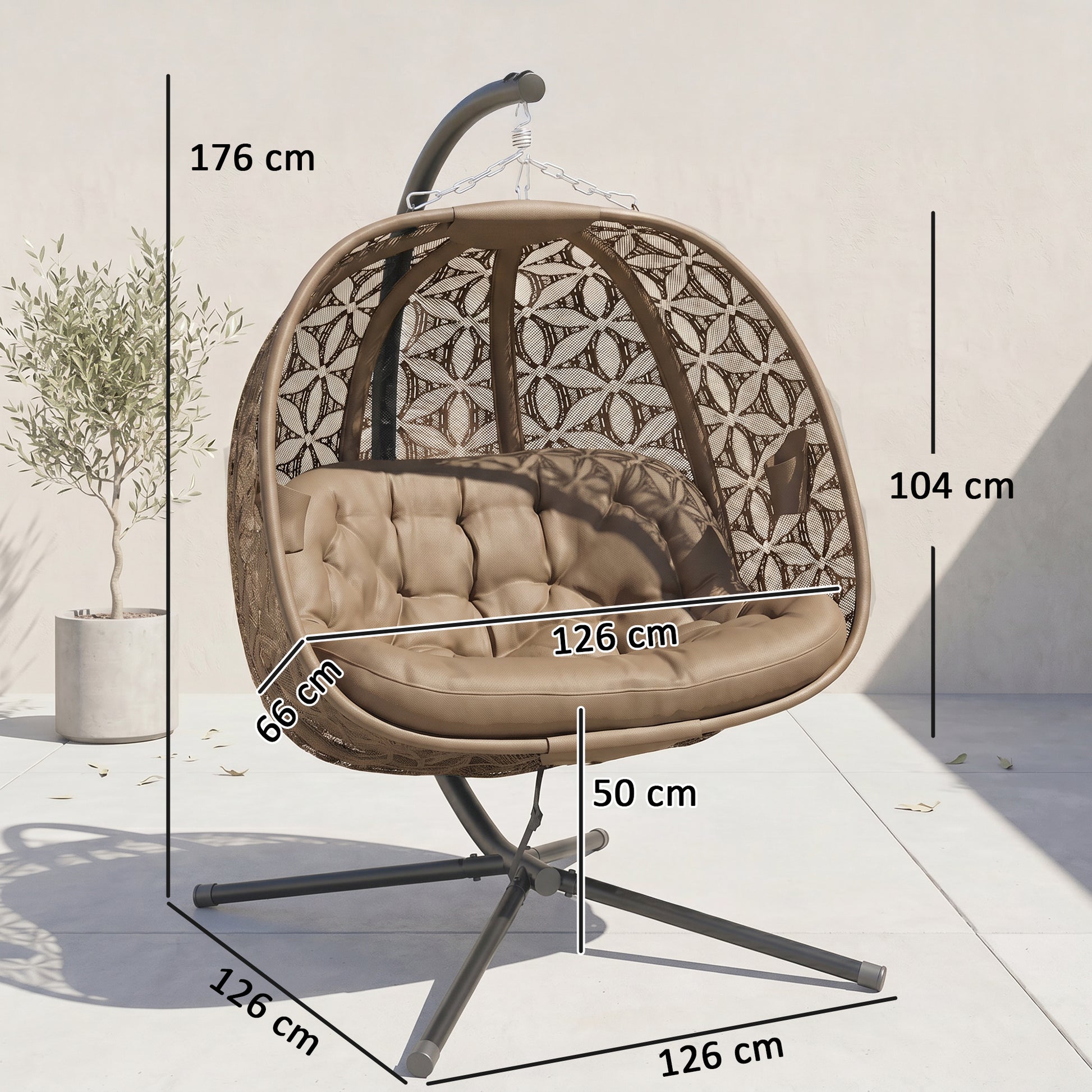 Outsunny Outdoor Double Hanging Chair with Cushion and Cup Holders, Sand Brown