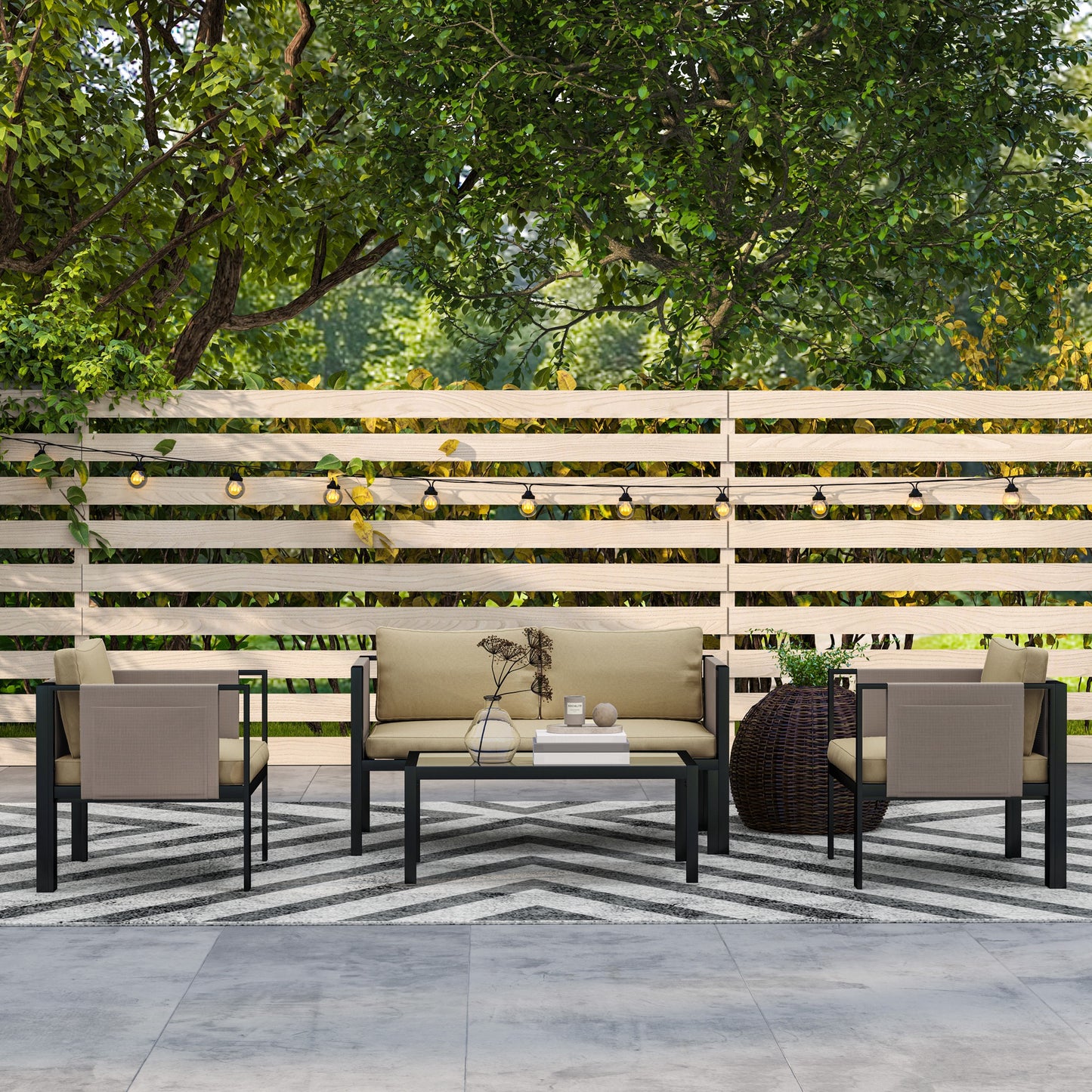 Outsunny 4 Piece Metal Garden Furniture Set with Loveseat, Breathable Texteline Chairs and Glass Coffee Table for Patio, Balcony & Outdoor, Khaki