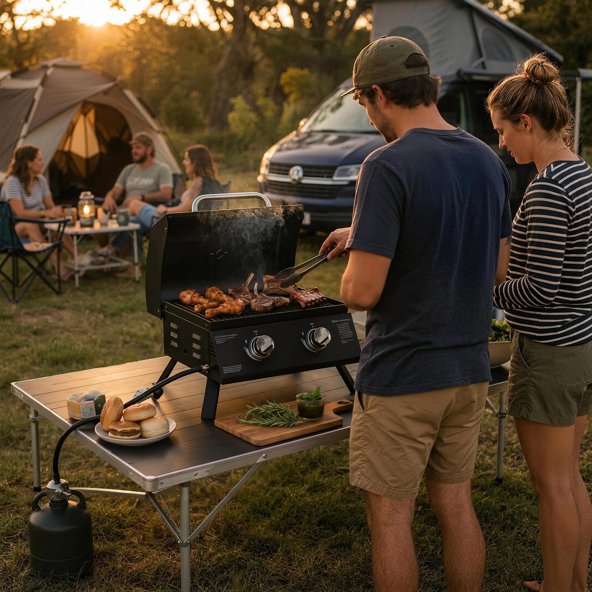 2 Burner Gas BBQ, 5.8 kW Outdoor Portable Folding Tabletop Barbecue w/ Lid, Thermometer, Carbon Steel, Black