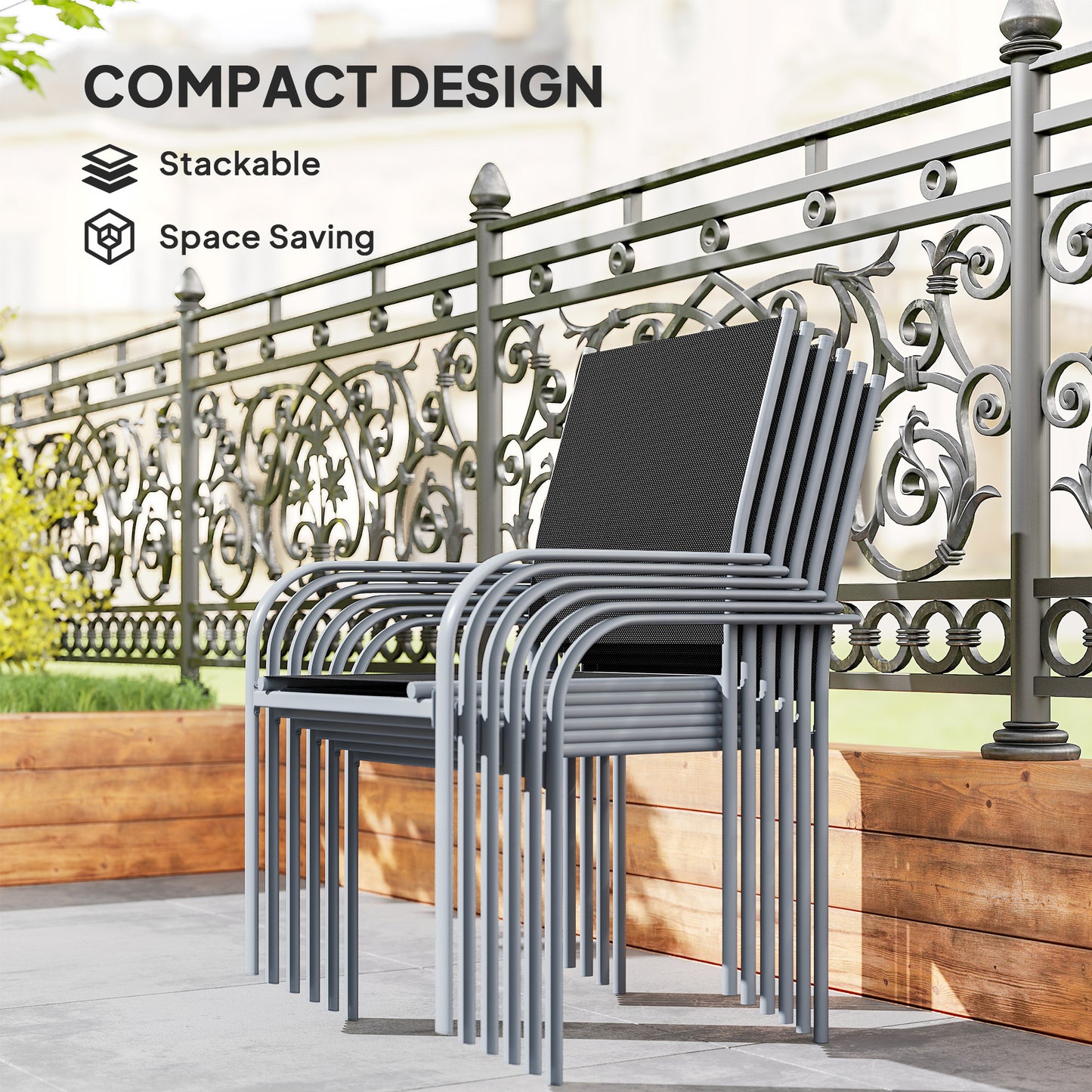 Outsunny 7 Piece Outdoor Garden Dining Set with Table and 6 Stackable Chairs, Steel Frame, Tempered Glass Top, Mesh Seats, Black