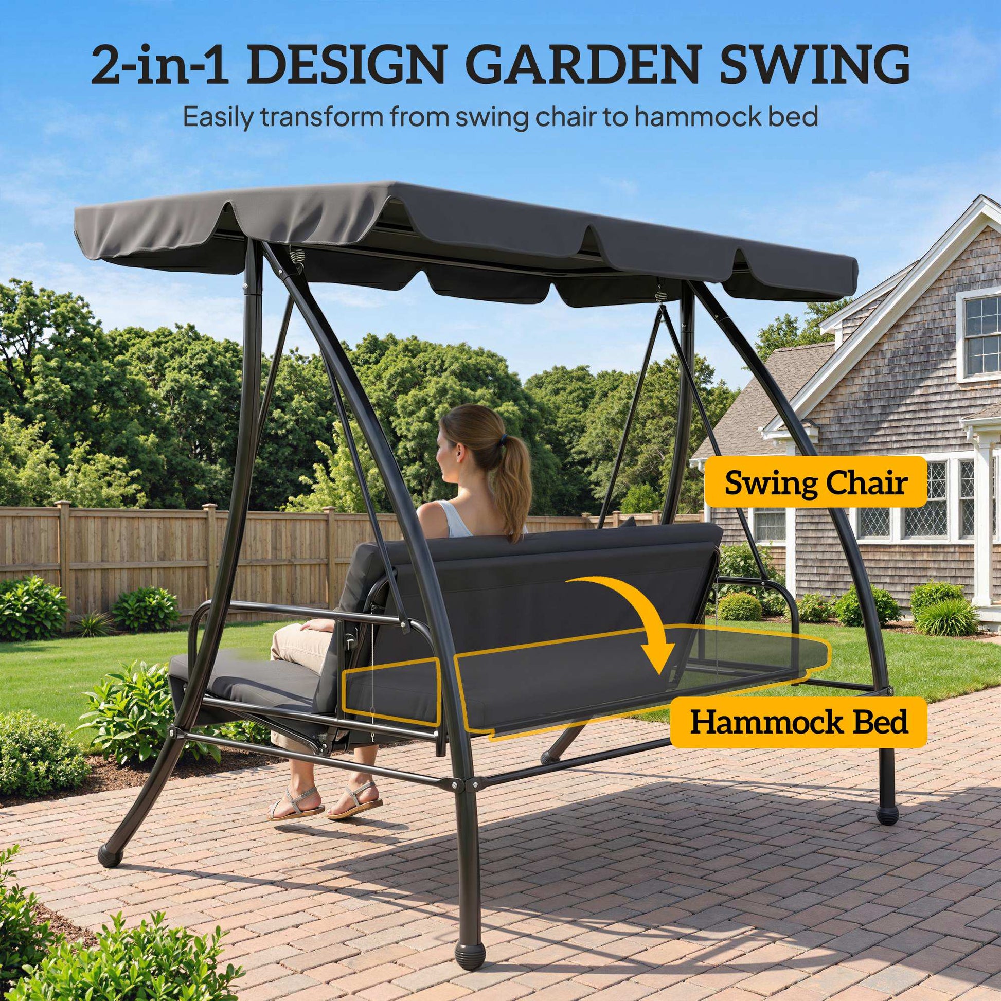 Outsunny Outdoor 2-in-1 Swing Chair Lounger 3 Seater Garden Swing Seat Bed Convertible Tilt Canopy W/ Cushion, Dark Grey