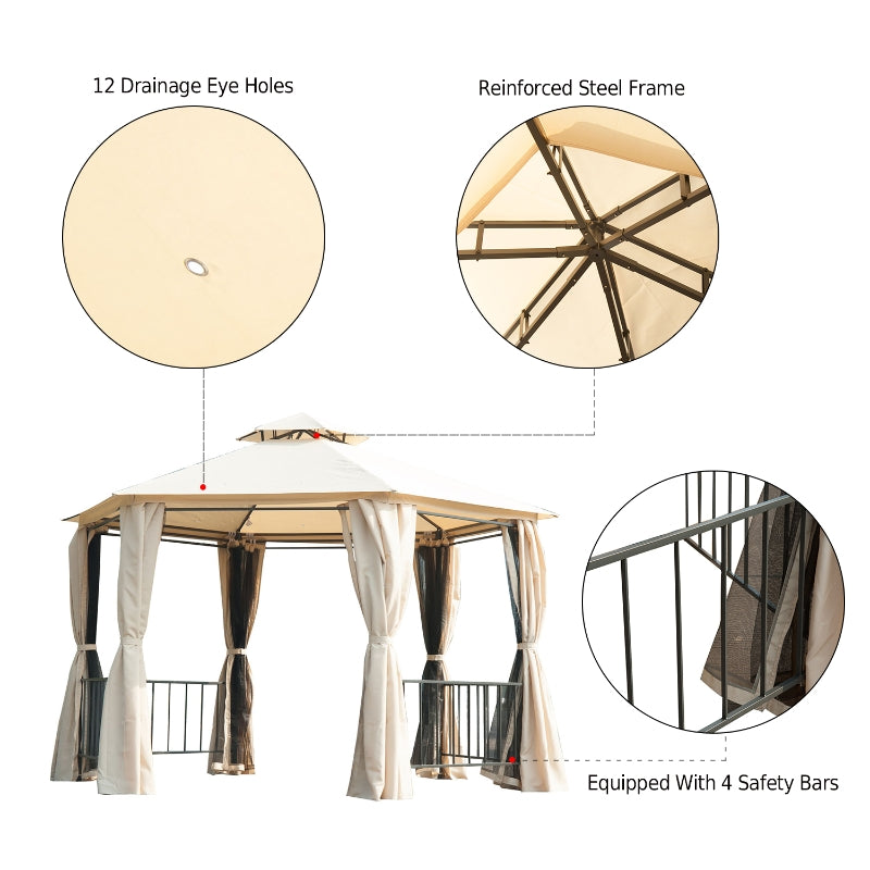 3m x 3m Beige Hexagonal Garden Gazebo with Curtains, Mesh Netting & Double-Tier Canopy