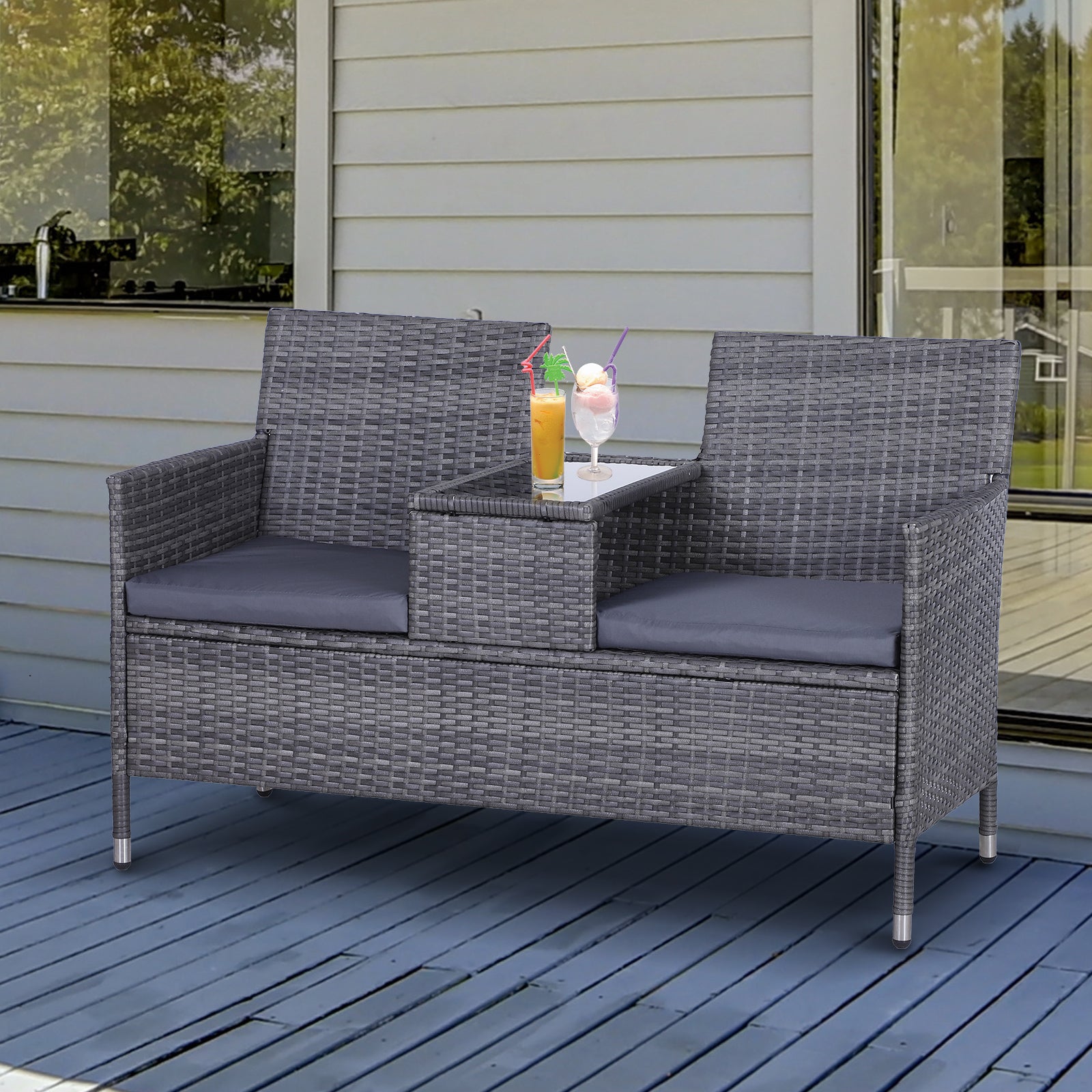 Monaco 2-Seater PE Rattan Garden Bench w/ Centre Table Grey