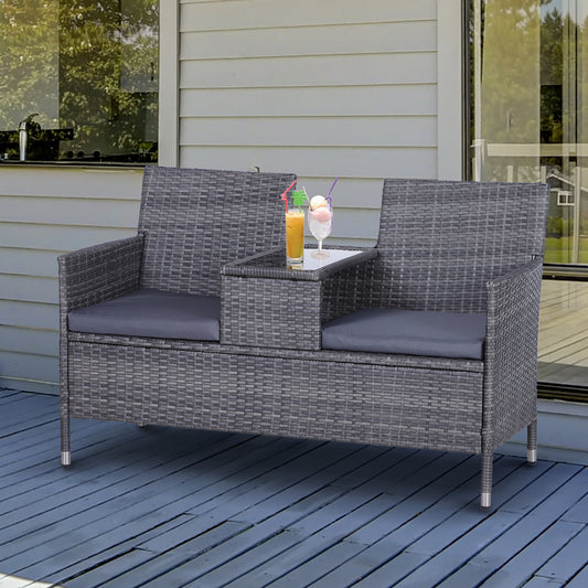 Monaco 2-Seater PE Rattan Garden Bench w/ Centre Table Grey