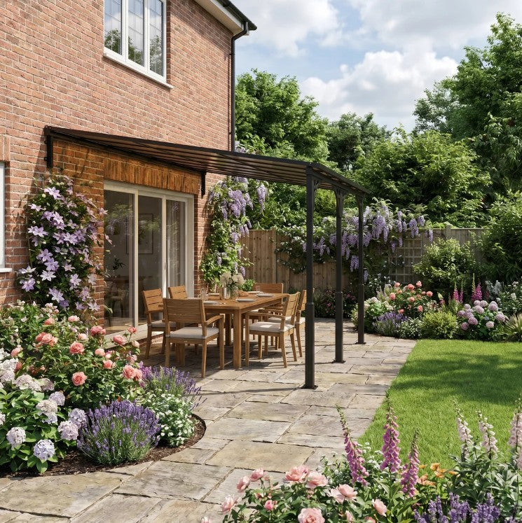 4m x 3m Wall – Mounted Lean – To Metal Pergola with Polycarbonate Hardtop Roof – Heavy Duty Aluminium Garden Gazebo, Weatherproof Patio & BBQ Shelt...